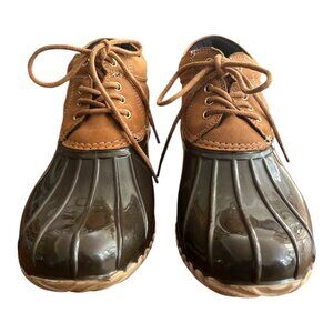 TOMMY HILFIGER WOMEN'S SZ 7 ANKLE DUCK BOOTS CHOCOLATE BROWN LEATHER LACE UP EUC
